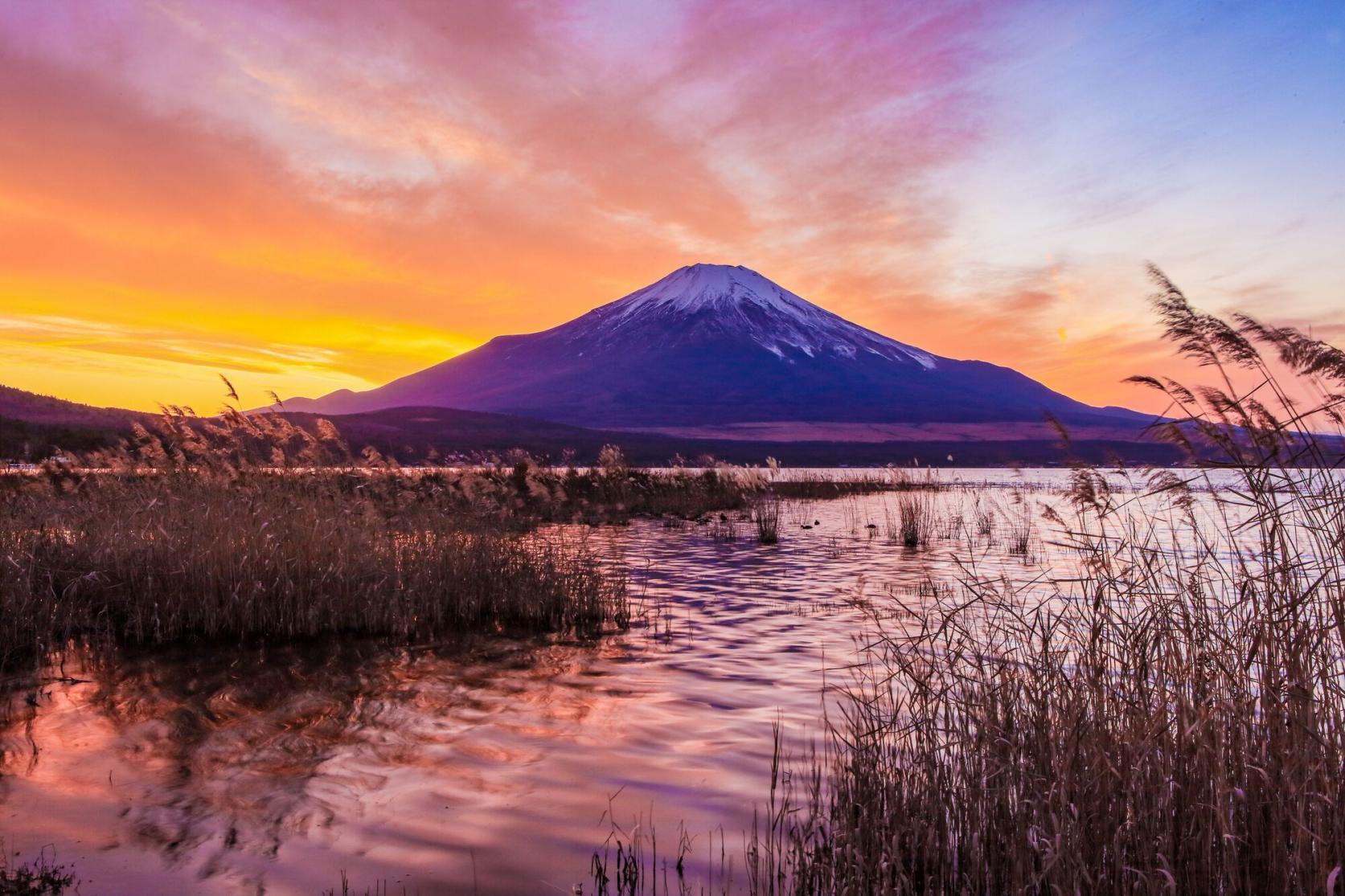 Mt. Fuji and Lake Yamanaka at dusk
